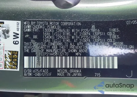 2005 Toyota Highlander V6 from USA, damaged, VIN JTEEP21A450132170